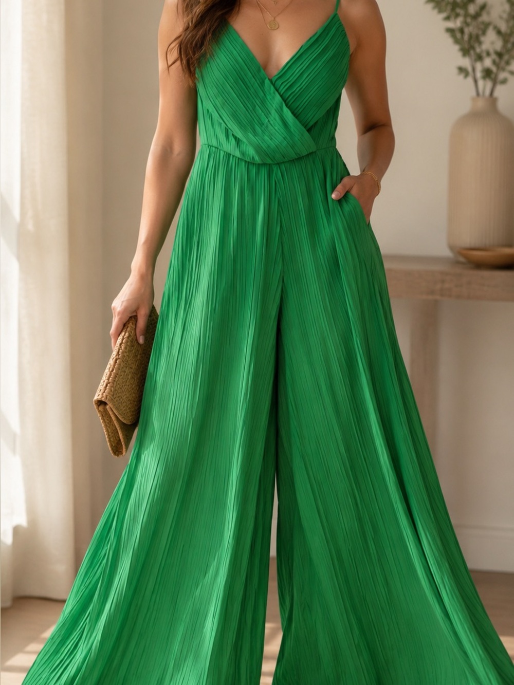 Green Pleated Backless Spaghetti Strap Jumpsuit